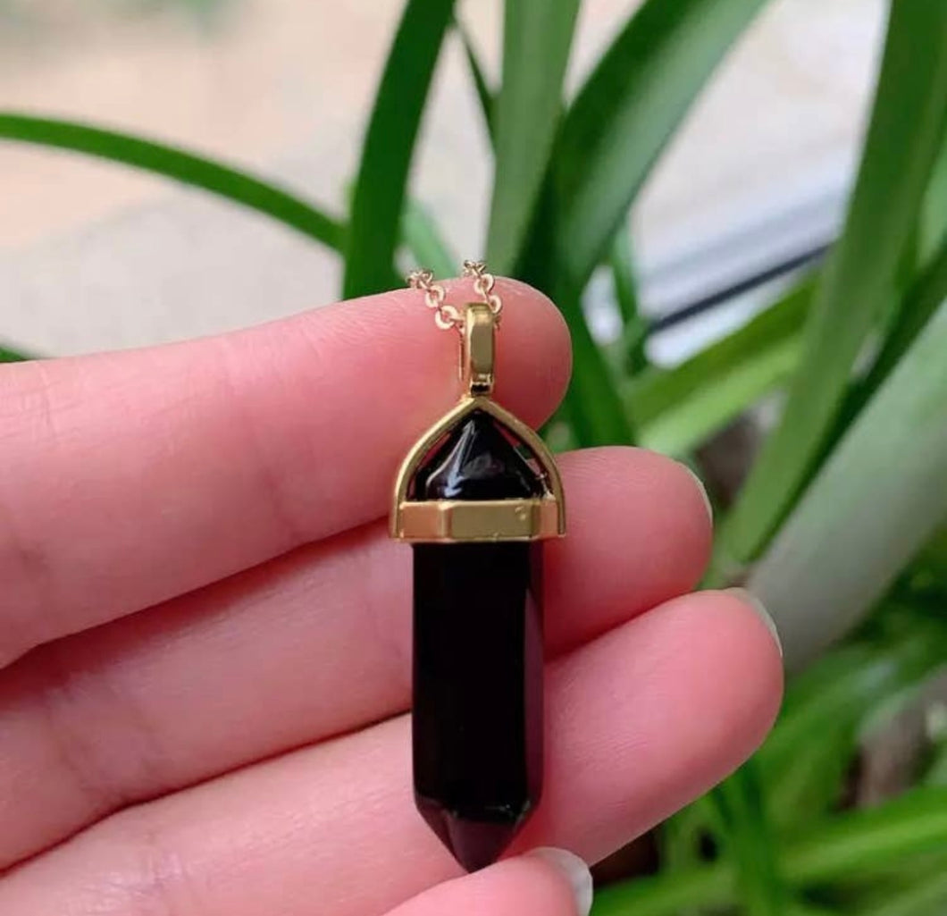 Natural Crystal Necklace in Gold - Obsidian