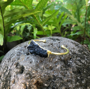 Black Tourmaline Gemstone Gold Bangle Cuff Bracelet