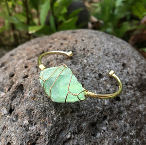 Green Fluorite Gemstone Gold Bangle Cuff Bracelet