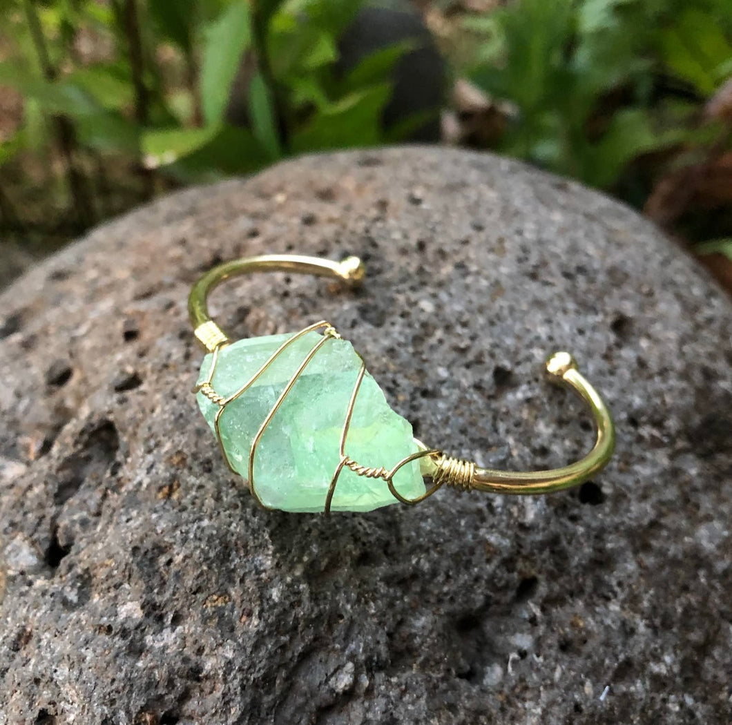 Green Fluorite Gemstone Gold Bangle Cuff Bracelet