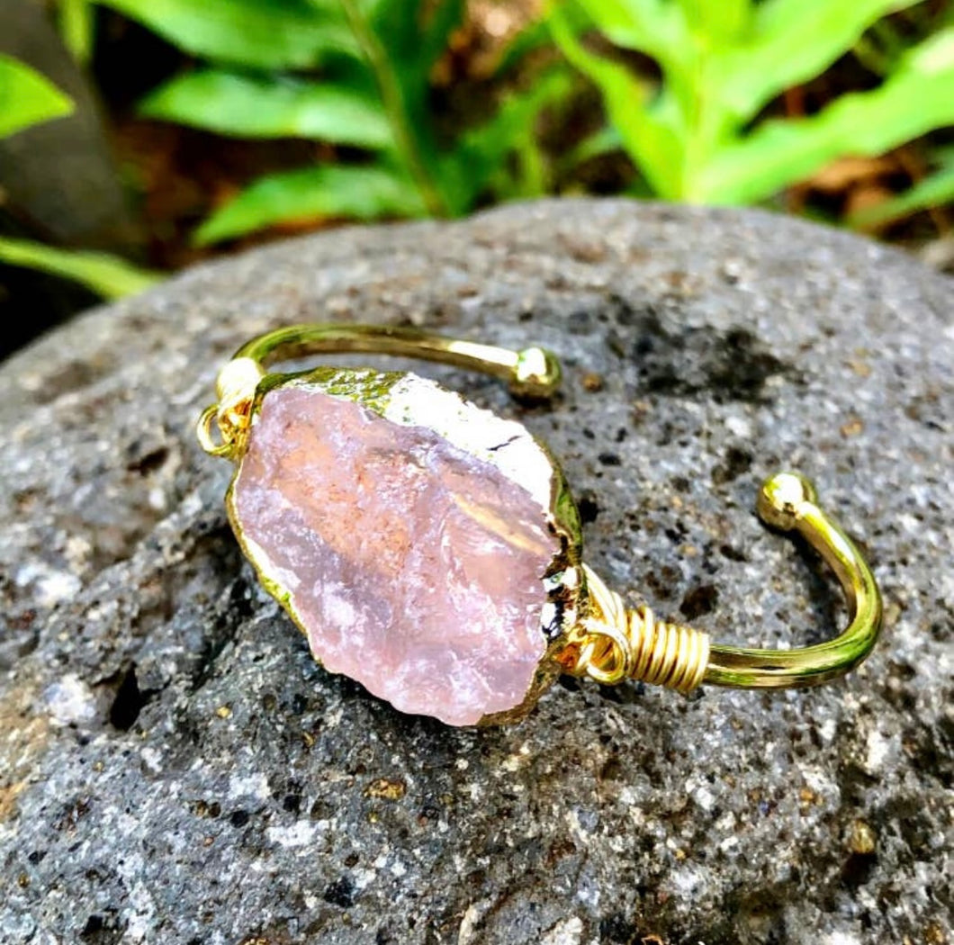 Rose Quartz Gemstone Gold Bangle Cuff Bracelet